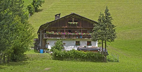 Casa con balcone di legno e fiori su un prato
